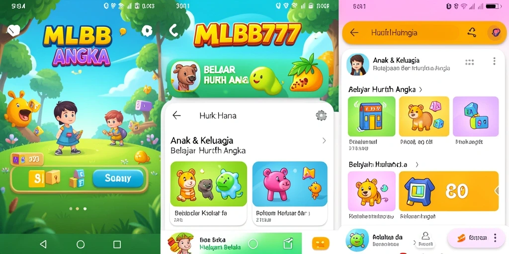 Tampilan antarmuka interaktif MLBB777 untuk belajar huruf dan angka.