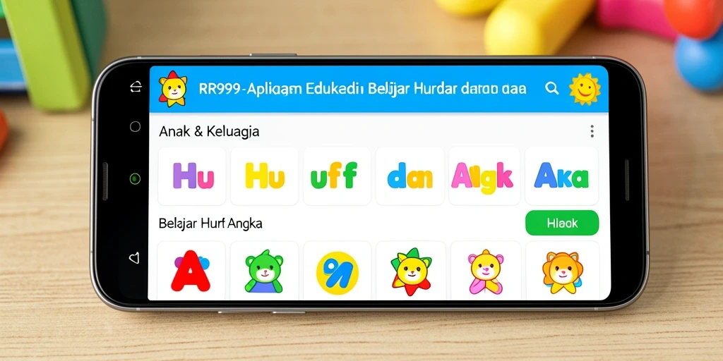 Antarmuka RR999 yang ceria dan edukatif untuk belajar huruf dan angka.