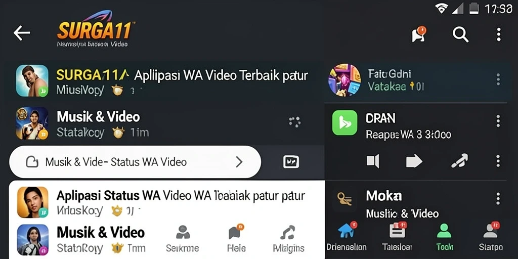 Tampilan antarmuka aplikasi SURGA11 dengan fitur Status WA Video.